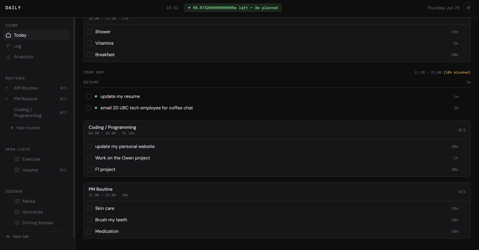 Screenshot of the Daily app showing routines and today's task lists